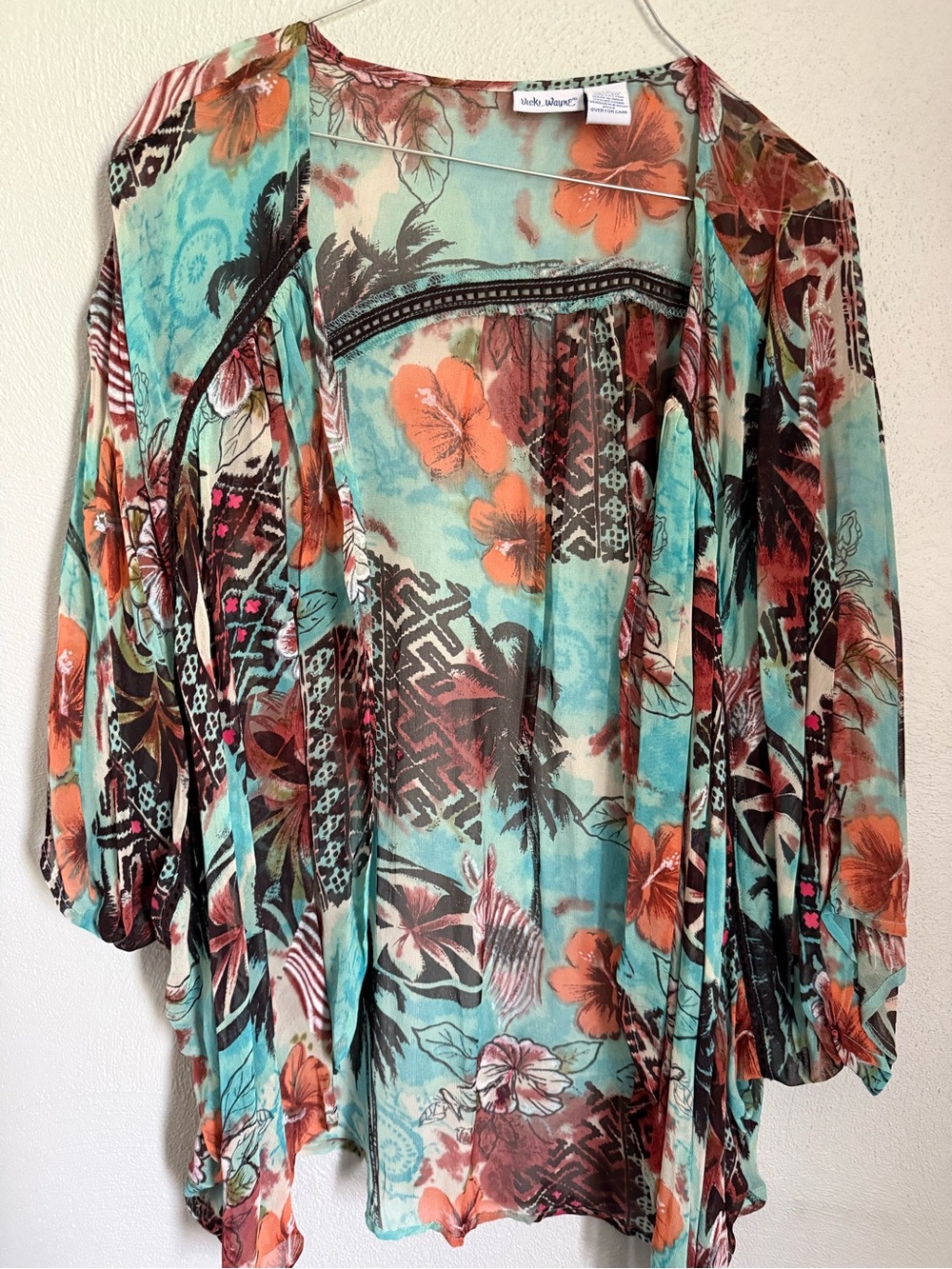 Lightweight Floral Sheer Kimono in Aqua and Orange by Vicki Wayne